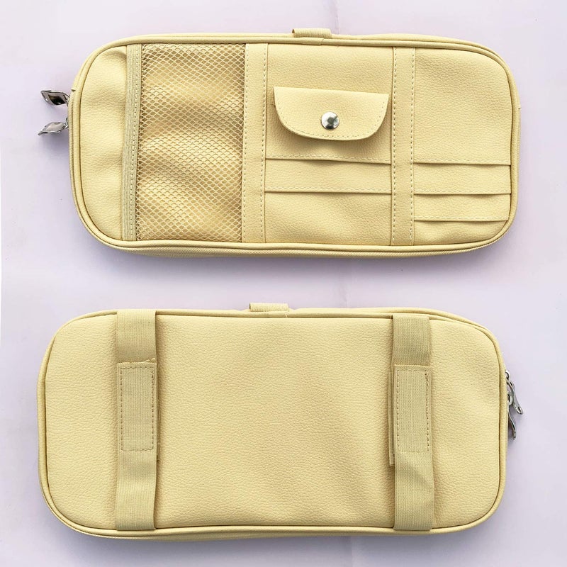 Da by Car Sun Visor Organizer  Multi-Pocket Visor Organizer Storage Pouch for Cars  SUVs & Trucks with Double Zippers  Elastic Bands & Glasses Clip- Organizes Essentials Keep Tidy (Beige Light Yellow) - Image 4